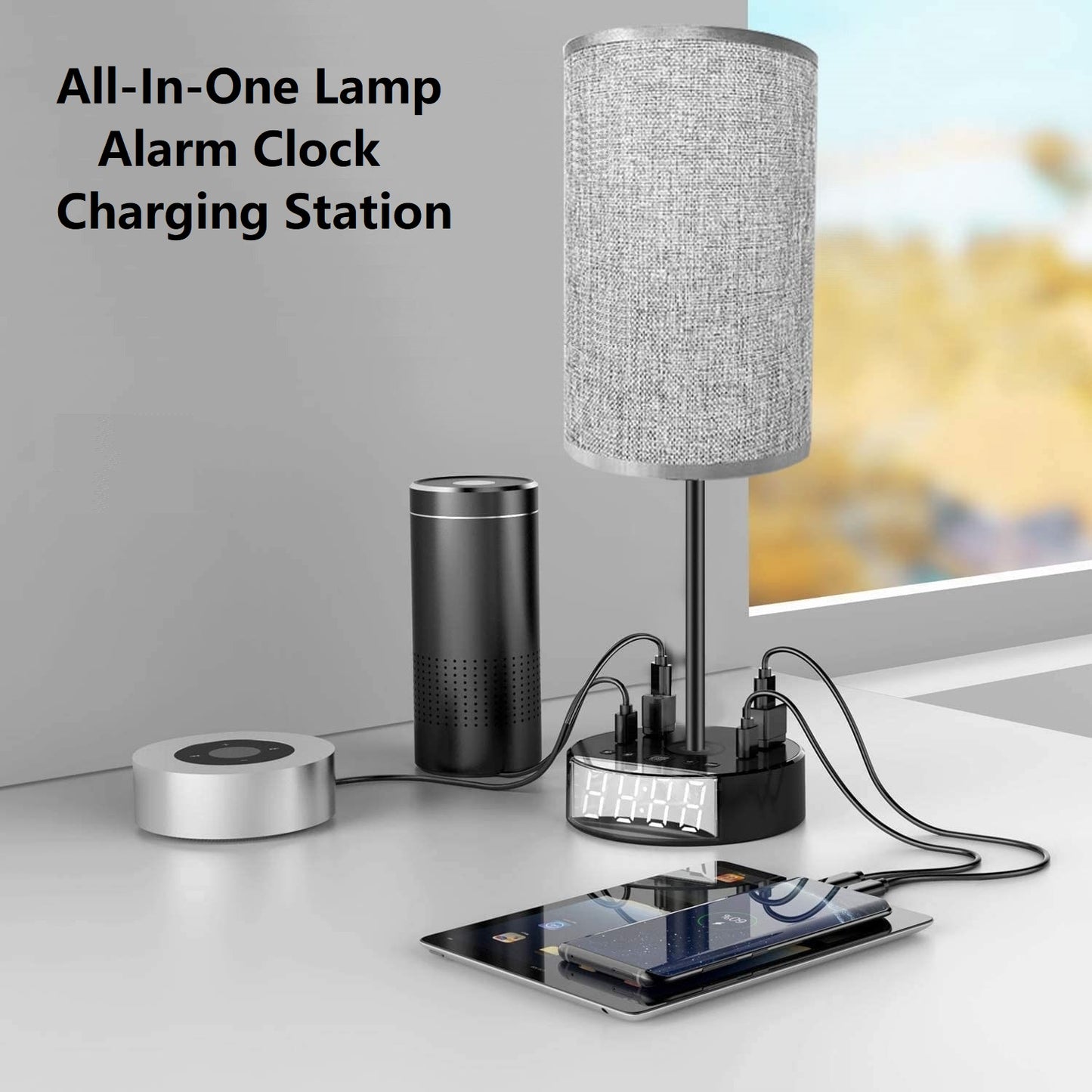 Alarm Clock with Lamp, USB Charger and Outlets