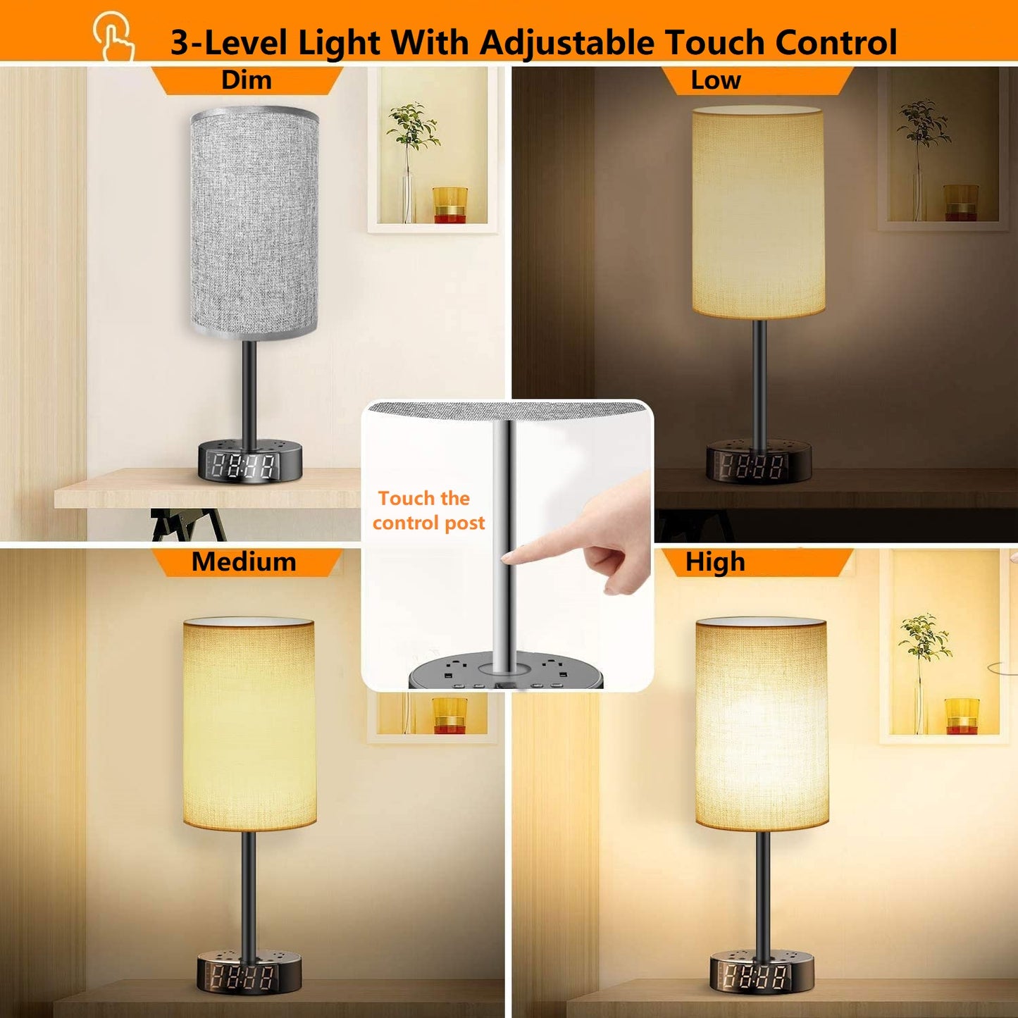 Alarm Clock with Lamp, USB Charger and Outlets