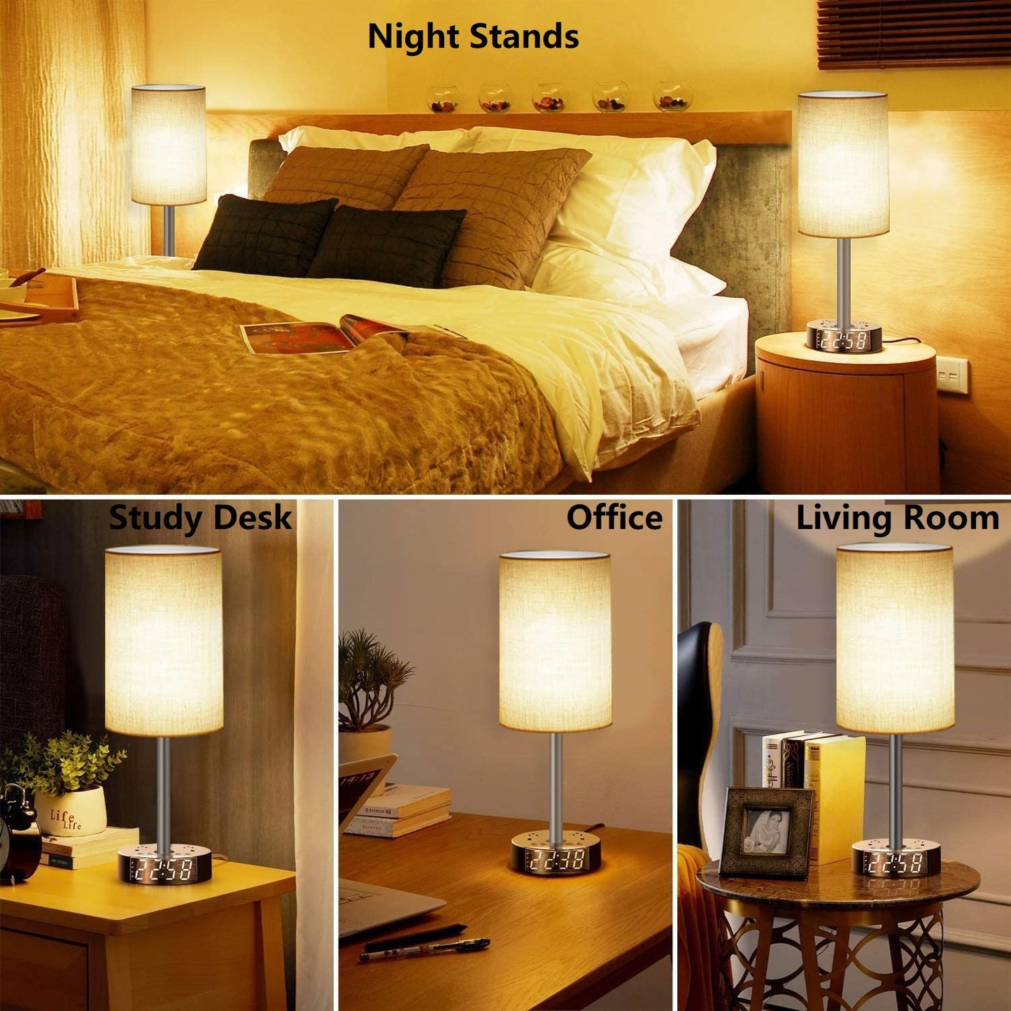 Alarm Clock with Lamp, USB Charger and Outlets