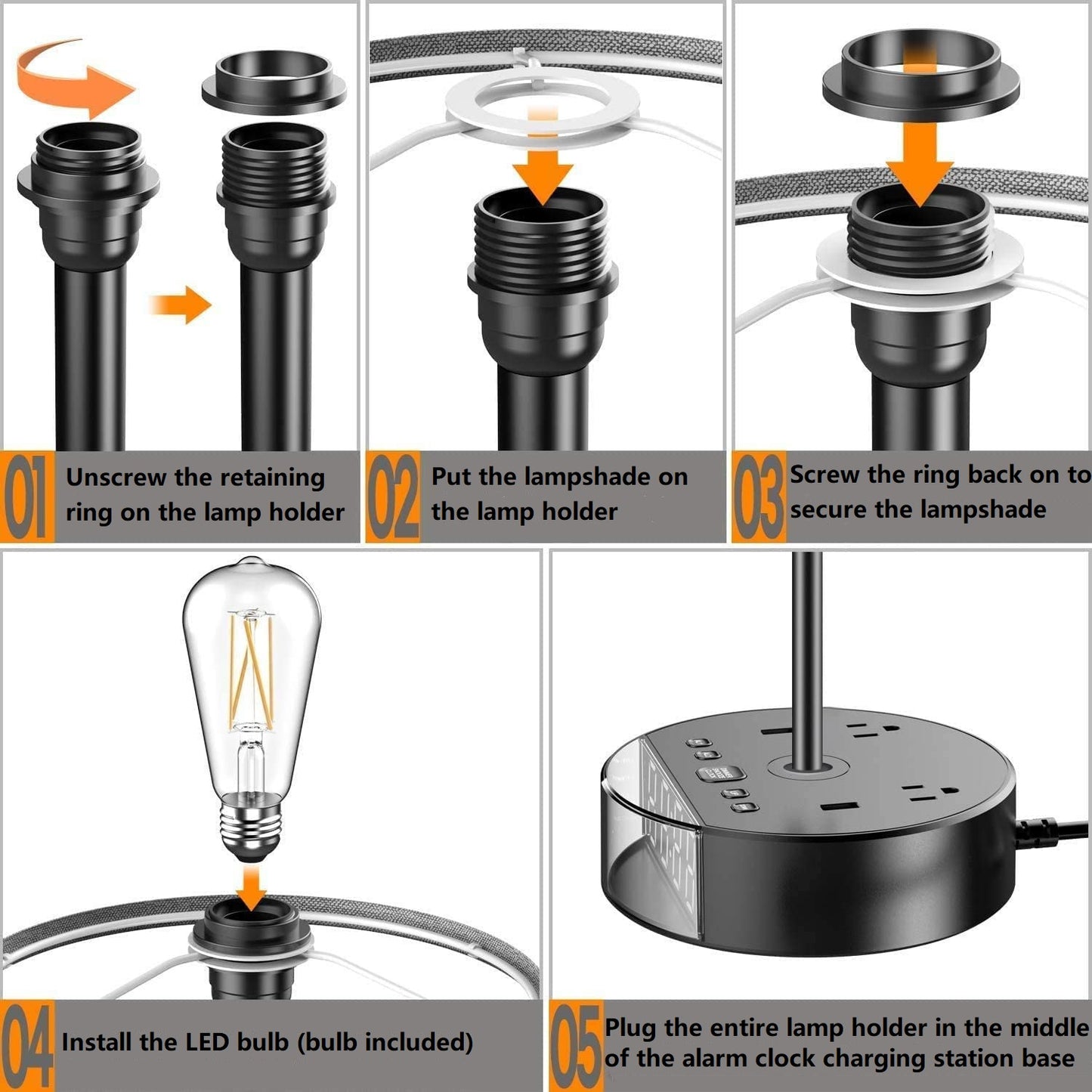 Alarm Clock with Lamp, USB Charger and Outlets