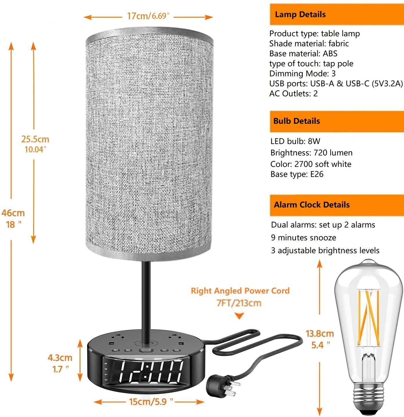 Alarm Clock with Lamp, USB Charger and Outlets
